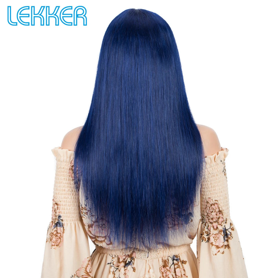 Long Royal Blue Straight, 100% Human Hair Wigs Bangs Brazilian Remy Halloween