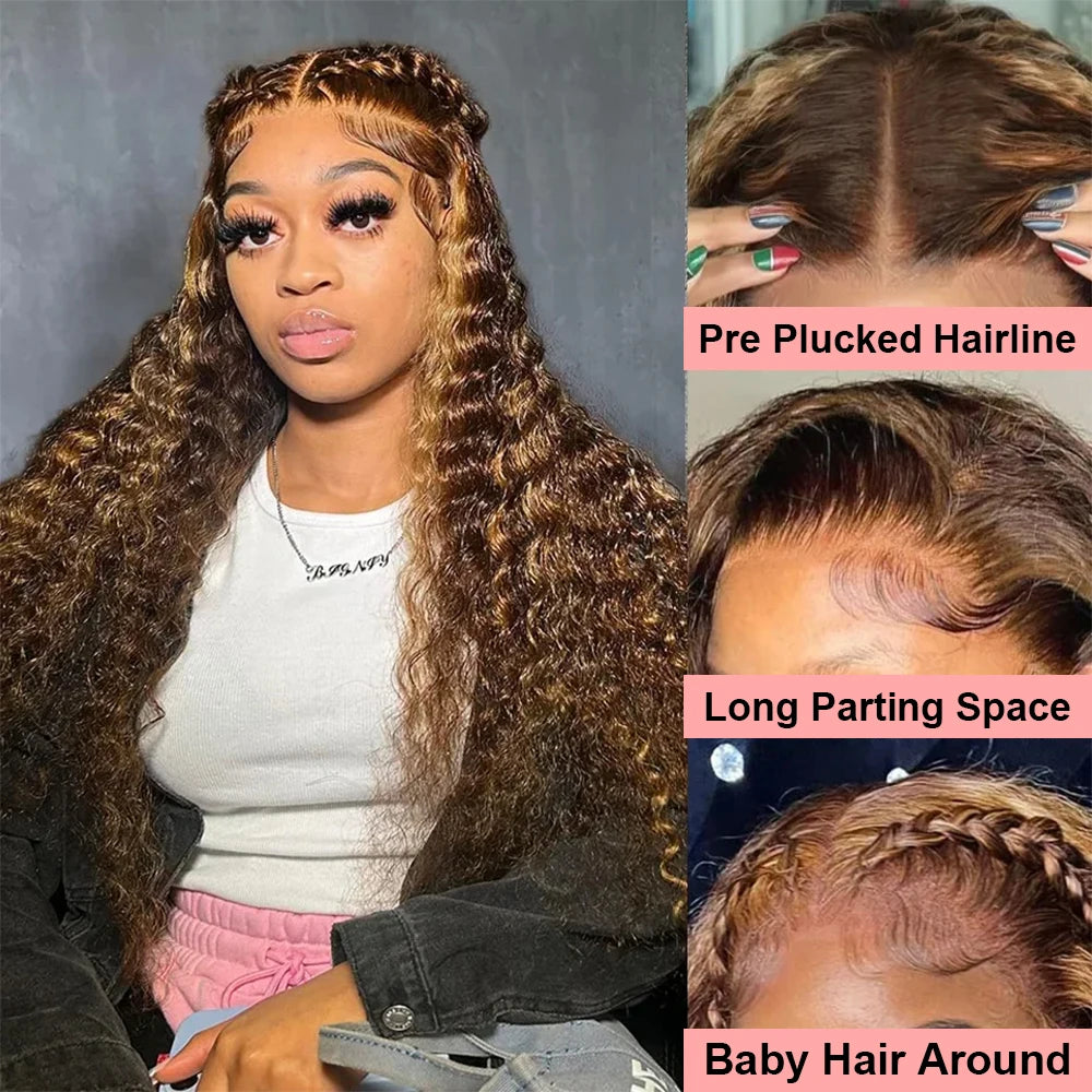 Honey Blonde Curly Wigs, 13x6 Glueless Highlight Human Hair Ready To Wear