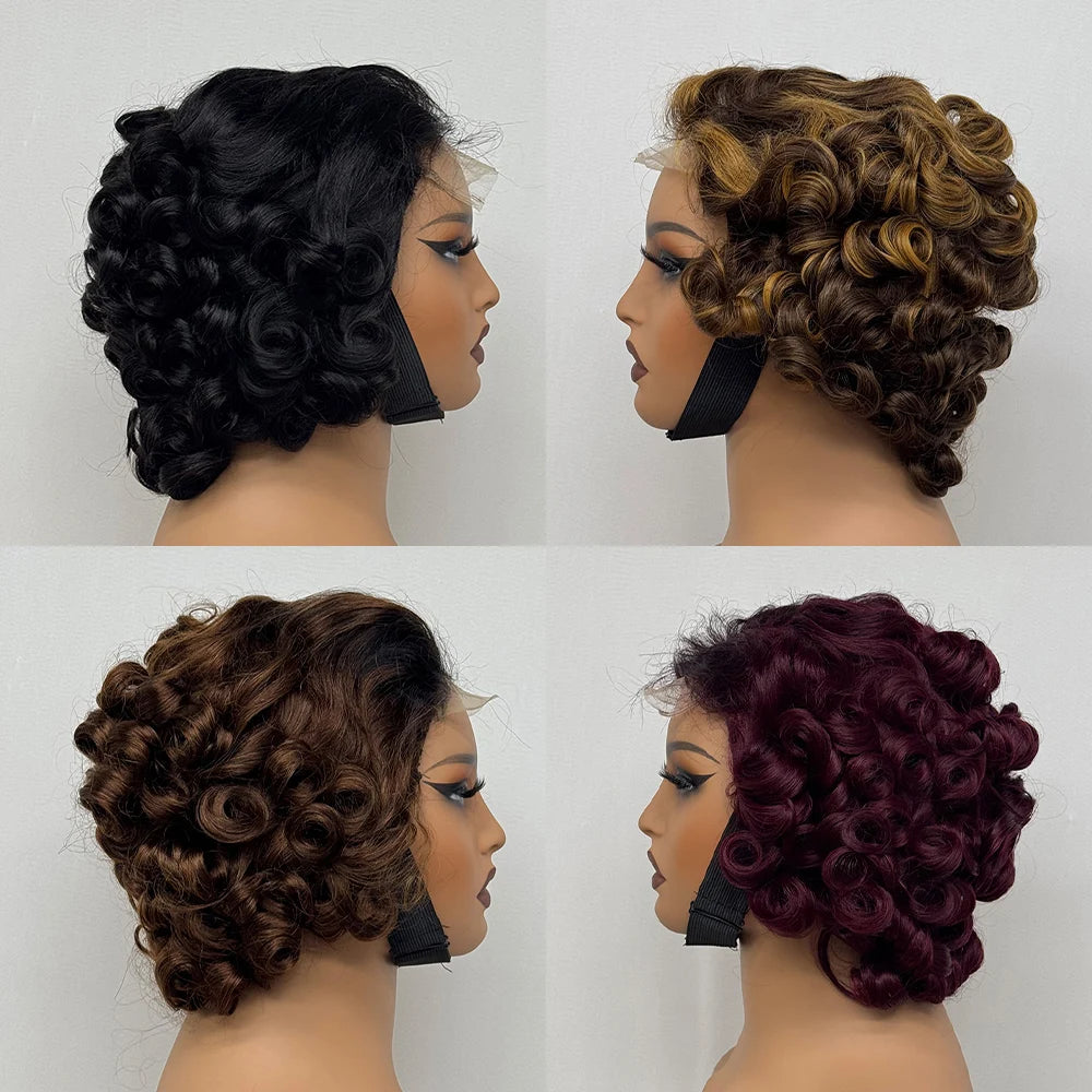 4x4 Lace Closure Wig Short Bouncy Texture Pixie Hair Real Human, 200%