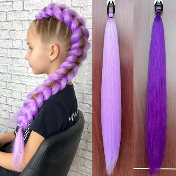 28 Inch Synthetic Long Straight Ponytail, Purple DIY Braided Ponytail with Rubber Band