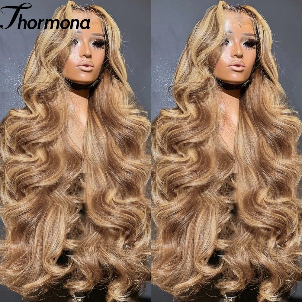 13x6 Highlight Ombre Honey Blonde Body Wave Lace Front Wigs Synthetic HD