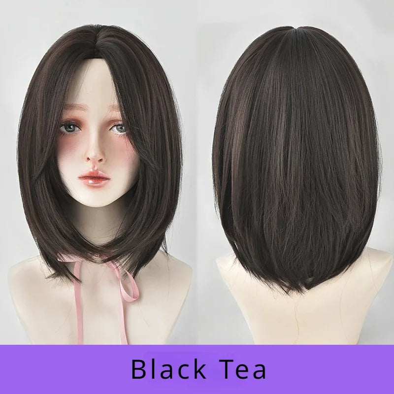 Wigs Short Straight Chocolate Bob Density Synthetic Layered Middle Part Dark Brown