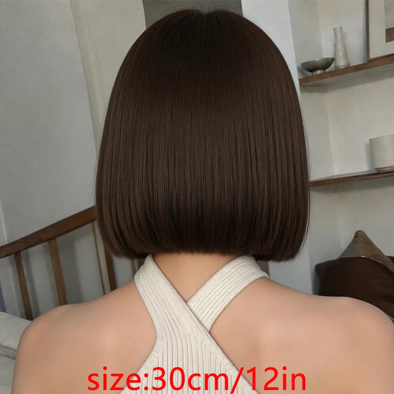 Dark Brown Bob Wig With Straight Bangs, Synthetic Short Hair, 12-Inch