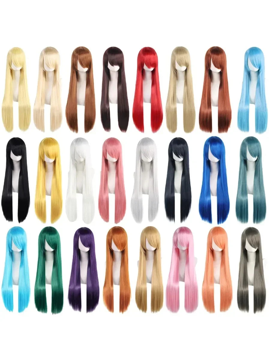 80cm Long Straight Synthetic Cosplay Wig with Bangs, White Green Silver Pink, Heat Resistant