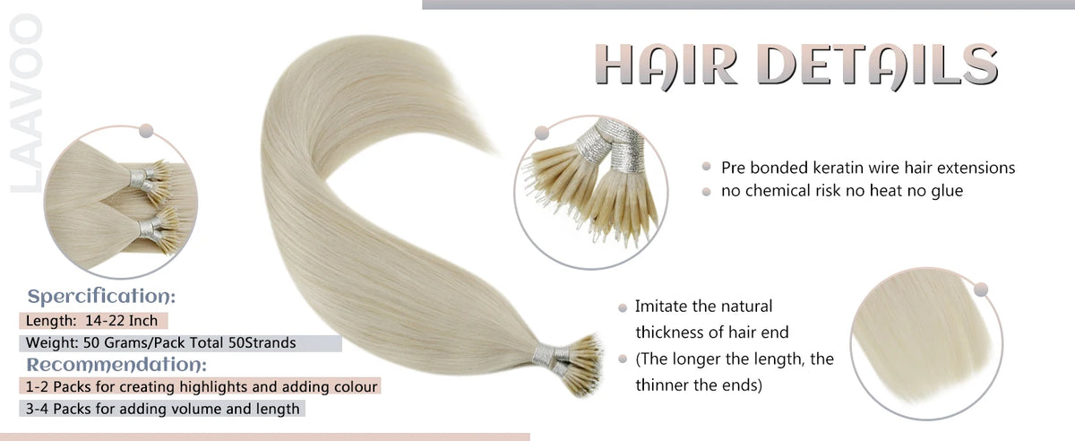 Nano Bead Hair Extensions Human Cold Fusion Tip Link 50G/50S Loop Pre