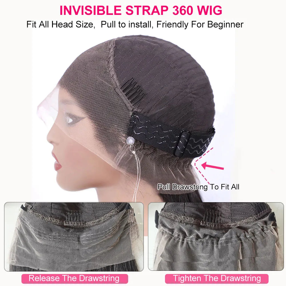 Kinky Straight 360 Full Lace Glueless Human Hair Wig with Drawstring, Invisi-Strap