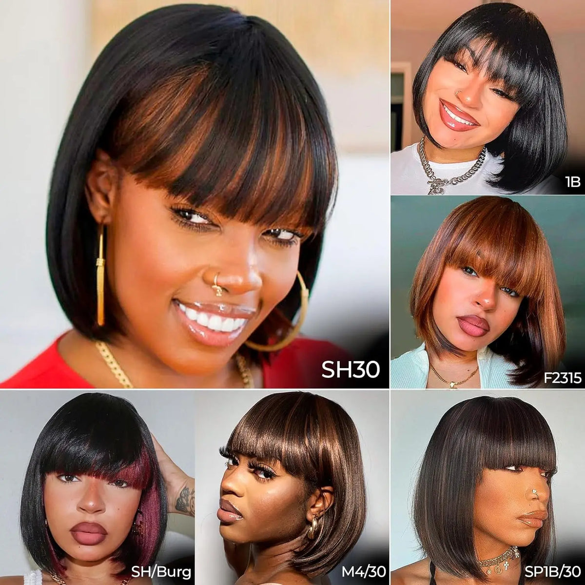 Bob Wig With Bangs - 14 Inch Peek-a-boo Color Short Bob Wig Black Mix Brown Daily Costume Wigs, Light Synthetic