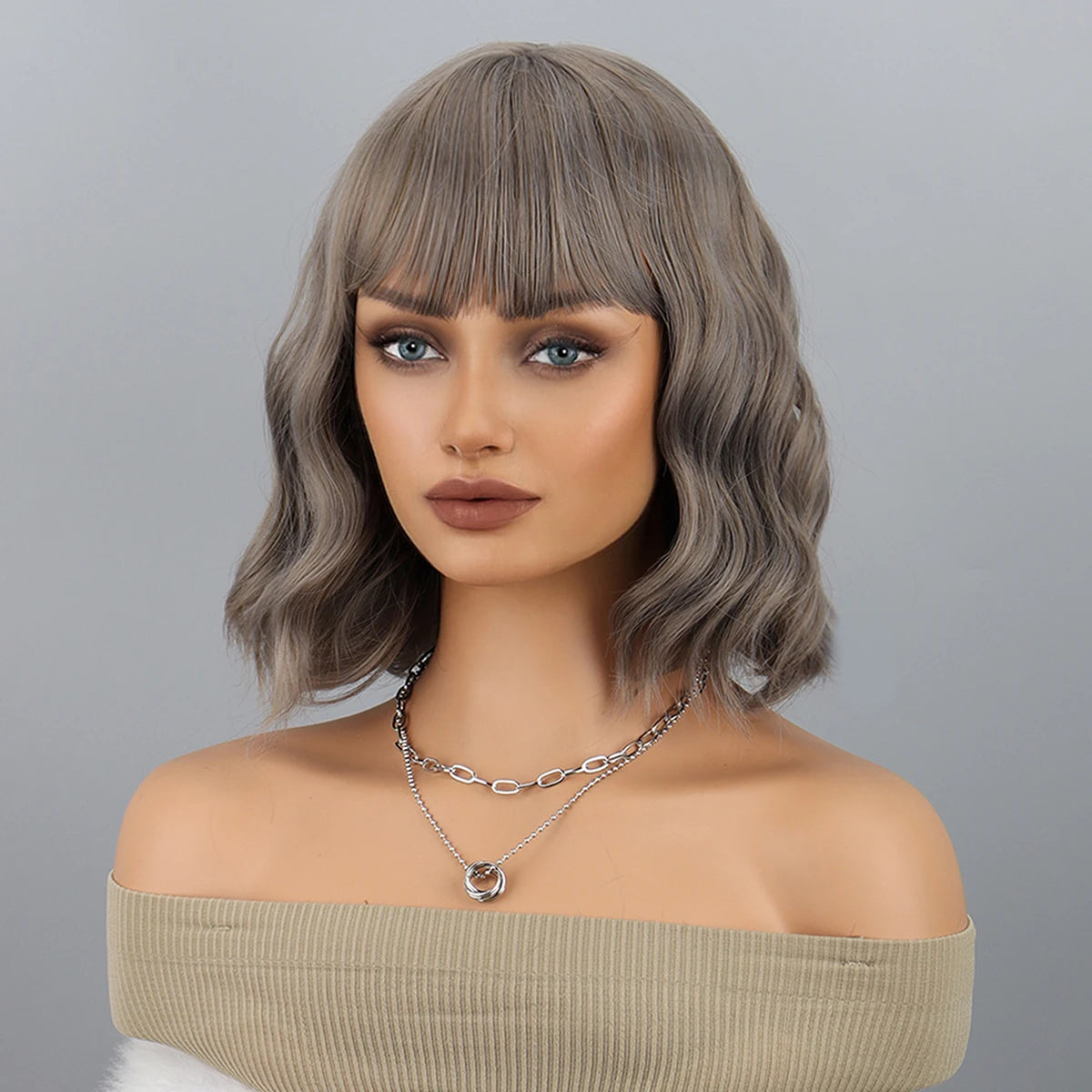 Blue Bob Wigs Bangs Short Colorful Wavy Curly Synthetic Cosplay Halloween Costume