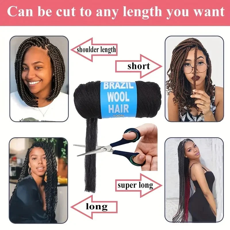 3-12Rolls Black Brazilian Wool Hair Acrylic Yarn For African Synthetic Crochet Hair Jumbo Braids Braids Twist Wraps70G/Roll