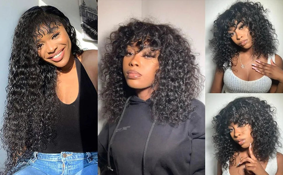 Long Water Wave Human Hair Wigs Bangs Glueless Fringe Kinky Curly Bob