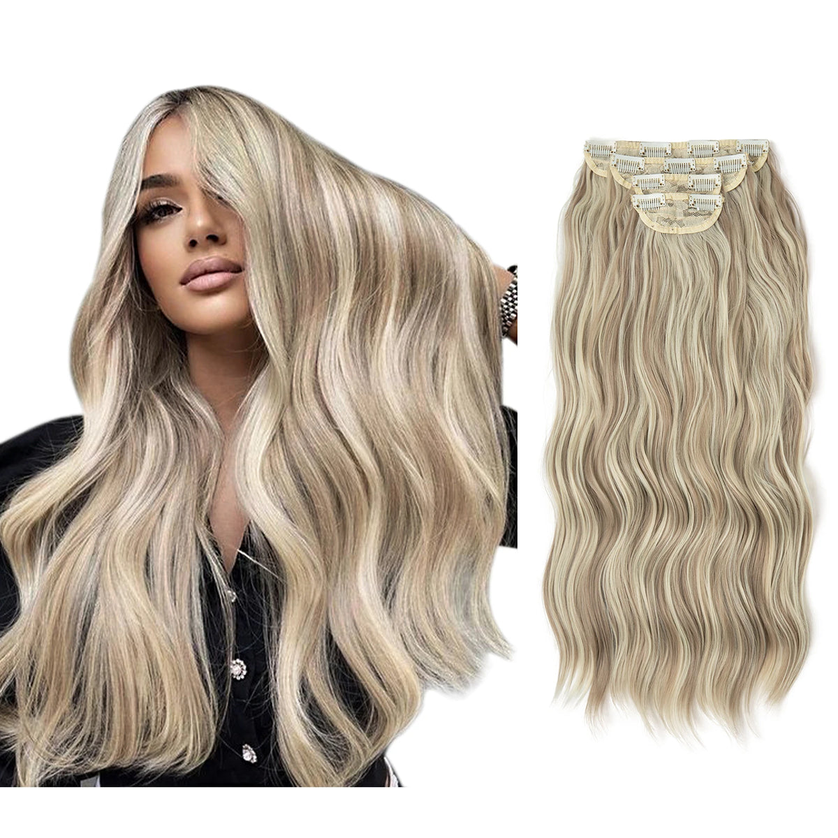 Synthetic Long Wavy Clip in Hair Extensions 22" Thick Hairpiece Brown Blonde