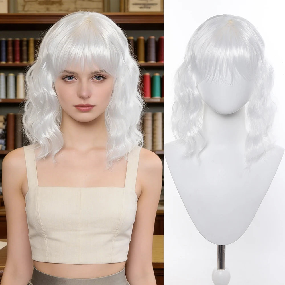 Natural Black Short Curly Wig - Shoulder Length Wavy Bob with Bangs | Synthetic Heat-Resistant Hair