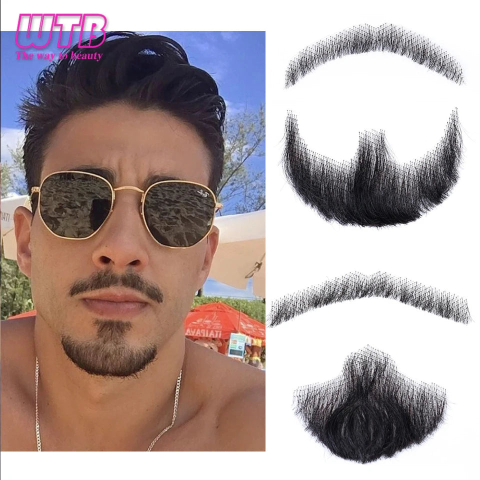Synthetic Fake Beard Realistic Mustache Black Goatee Costume Facial Hair Invisible Lace