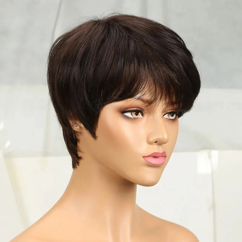 Short Brown Wig Human Hair Pixie Cut Chocolate Duby Full Machine
