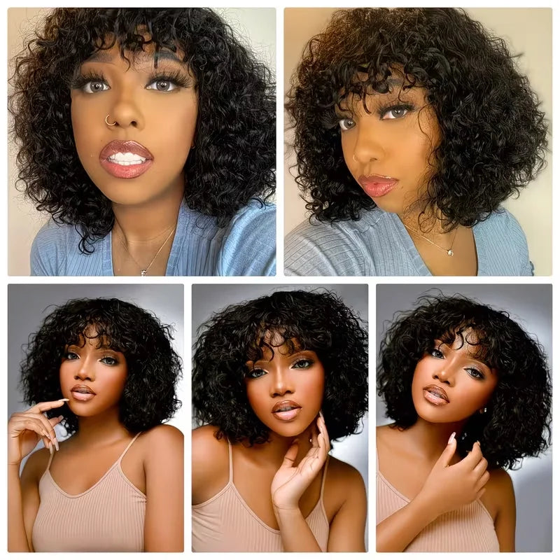 210% Density Curly Human Hair Wigs Bangs Glueless Short Bob Machine Made
