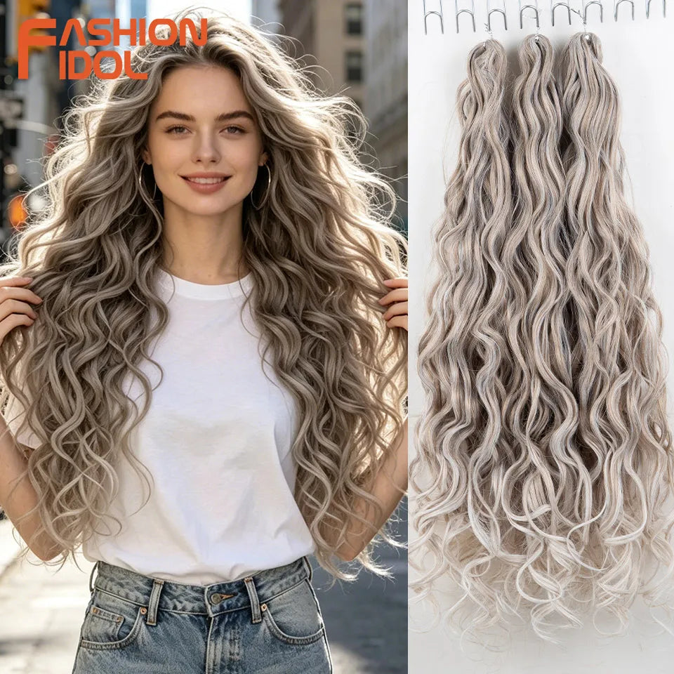 24 Inch Deep Wave Synthetic Braiding Hair, 3 Pcs, Water Wave, Ombre Grey Crochet Hair