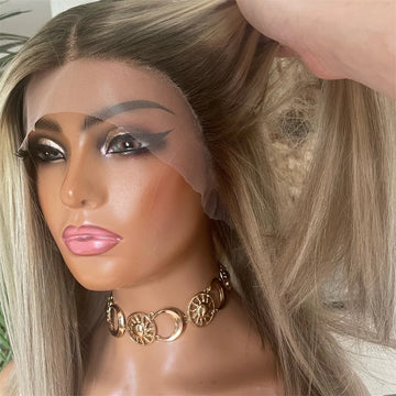 Transparent Lace Wig Highlight Ash Blonde Synthetic Fibre Short Bob Preplucked, 13x4