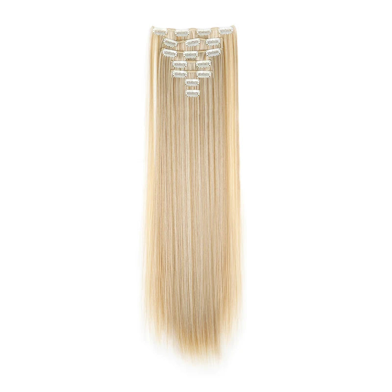 24Inch Synthetic 7Pcs/set Long Straight Hair Extension 16Clips Hairstyle Black Blonde Hairpiece