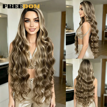 36" Long Wavy Synthetic Lace Front Wigs Ombre Brown Blonde Body Wave