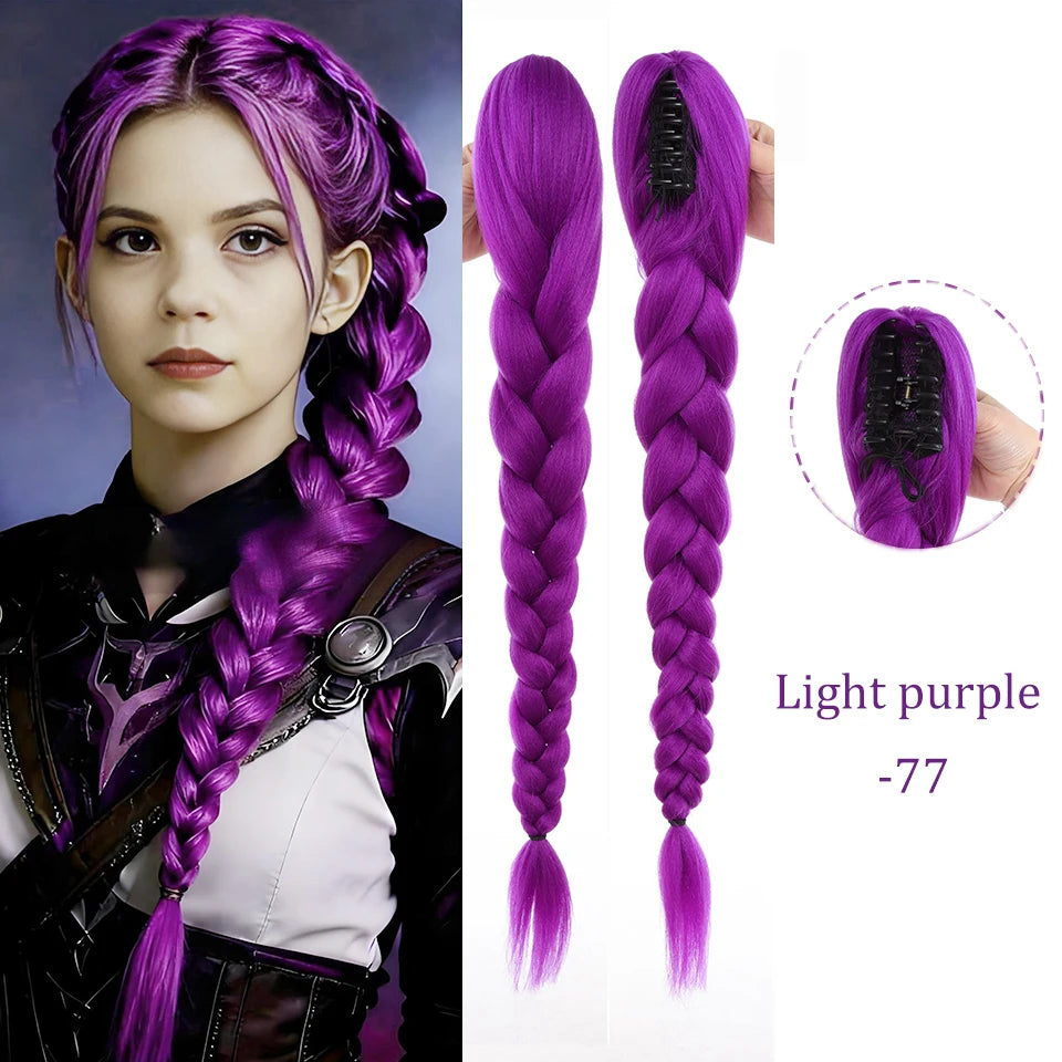 Purple Braided Synthetic Ponytail Extension, 28 Inch, Claw Clip