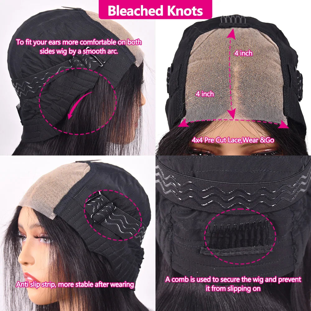 Straight Glueless Short Bob Wig Human Hair Ready To Wear Transparent Pre