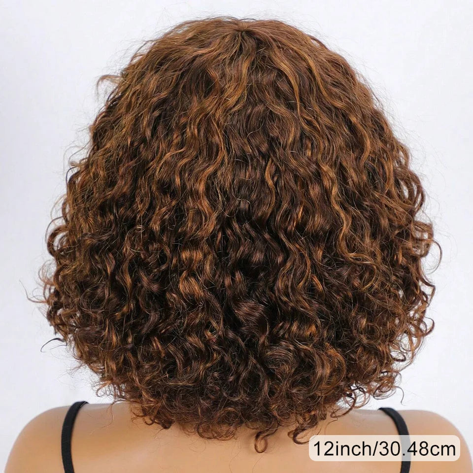 Jerry Curly Human Hair Wigs Bangs Full Machine Made Highlight Honey Blonde
