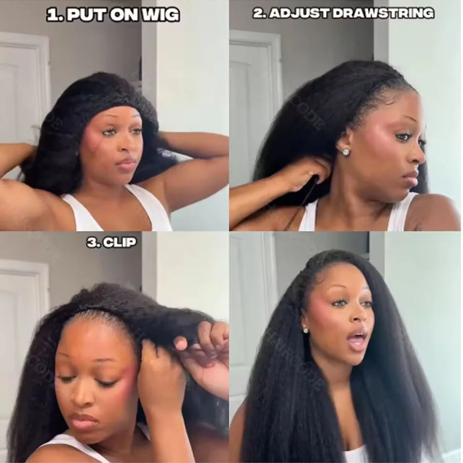 Kinky Straight 3-in-1 Half Wig Human Hair, Drawstring, 250% Density