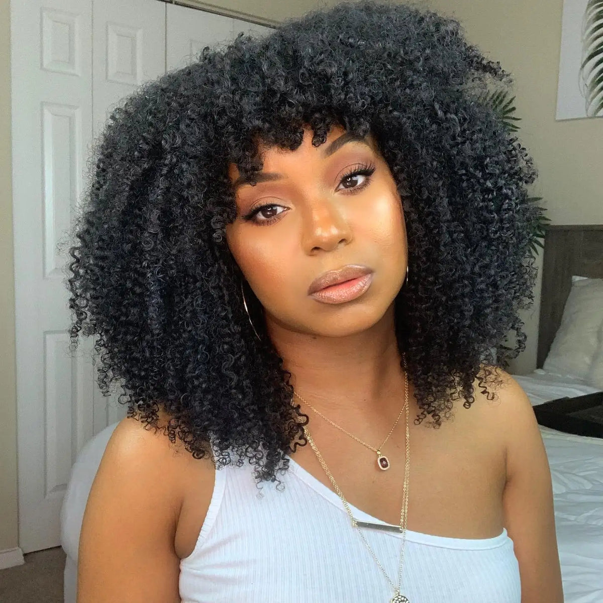 Mongolian Curly Afro Kinky Human Hair Wigs Bangs Without Glue Bouncy Density