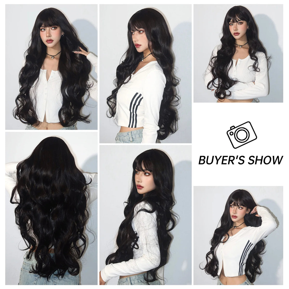 Super Long Black Wavy Synthetic Wigs Bangs Afro Dark Water Wave Halloween