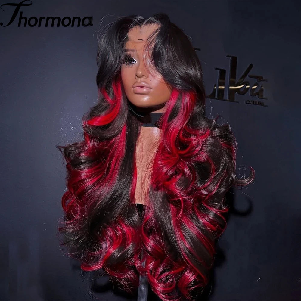 1B/99J Body Wave, 13x4 HD Lace Front Highlight Wig Synthetic Density Ombre