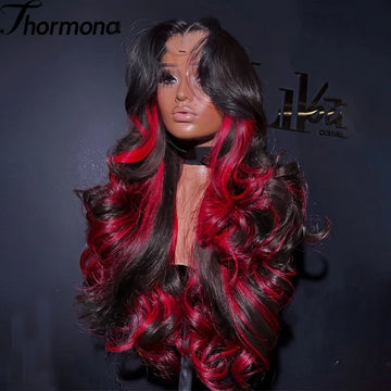 1B/99J Body Wave, 13x4 HD Lace Front Highlight Wig Synthetic Density Ombre