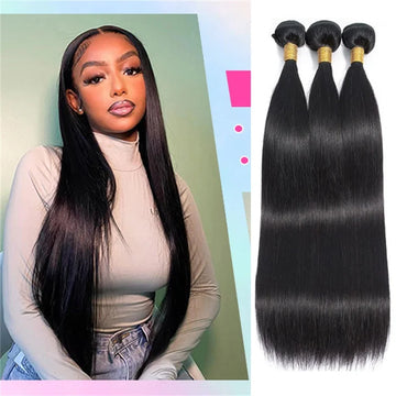 Straight Human Hair Bundles Remy Brazilian Weave Natural Black 14-30 Extensions