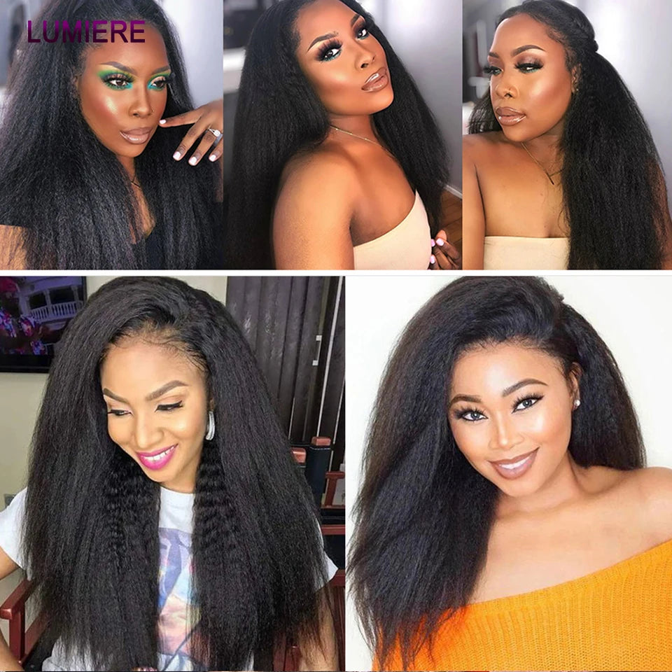 Kinky Yaki Straight Human Hair Bundles Closure Frontal HD Transparent Brazilian Deep