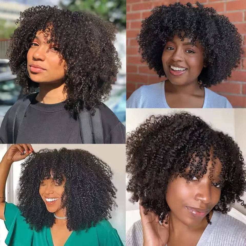 Mongolian Curly Afro Kinky Human Hair Wigs Bangs Without Glue Bouncy Density