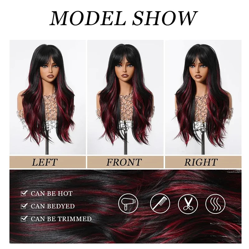 Long Wavy Black Blend Red Wig Bangs Highlight Synthetic Punk Costume Cosplay