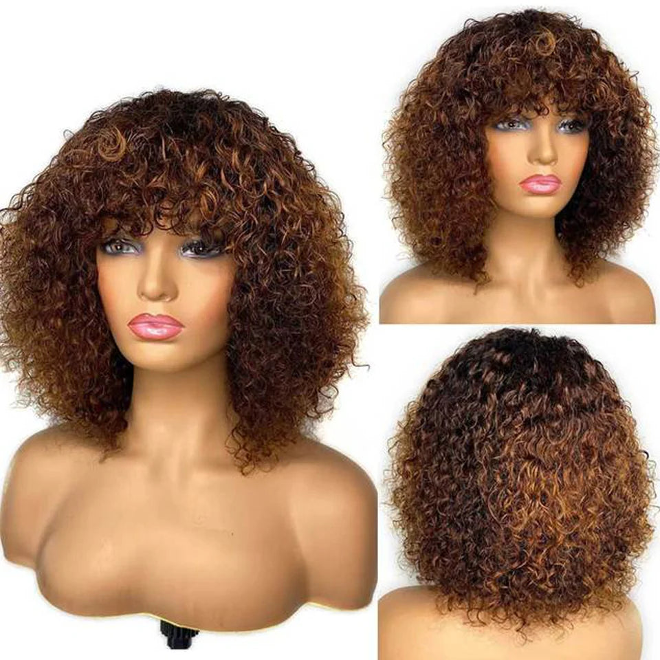 Jerry Curly Human Hair Wigs Bangs Full Machine Made Highlight Honey Blonde