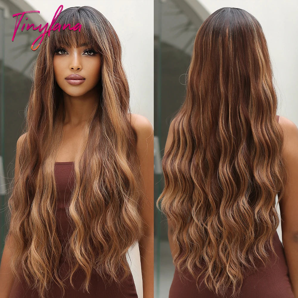 Super Long Black Wavy Synthetic Wigs Bangs Afro Dark Water Wave Halloween
