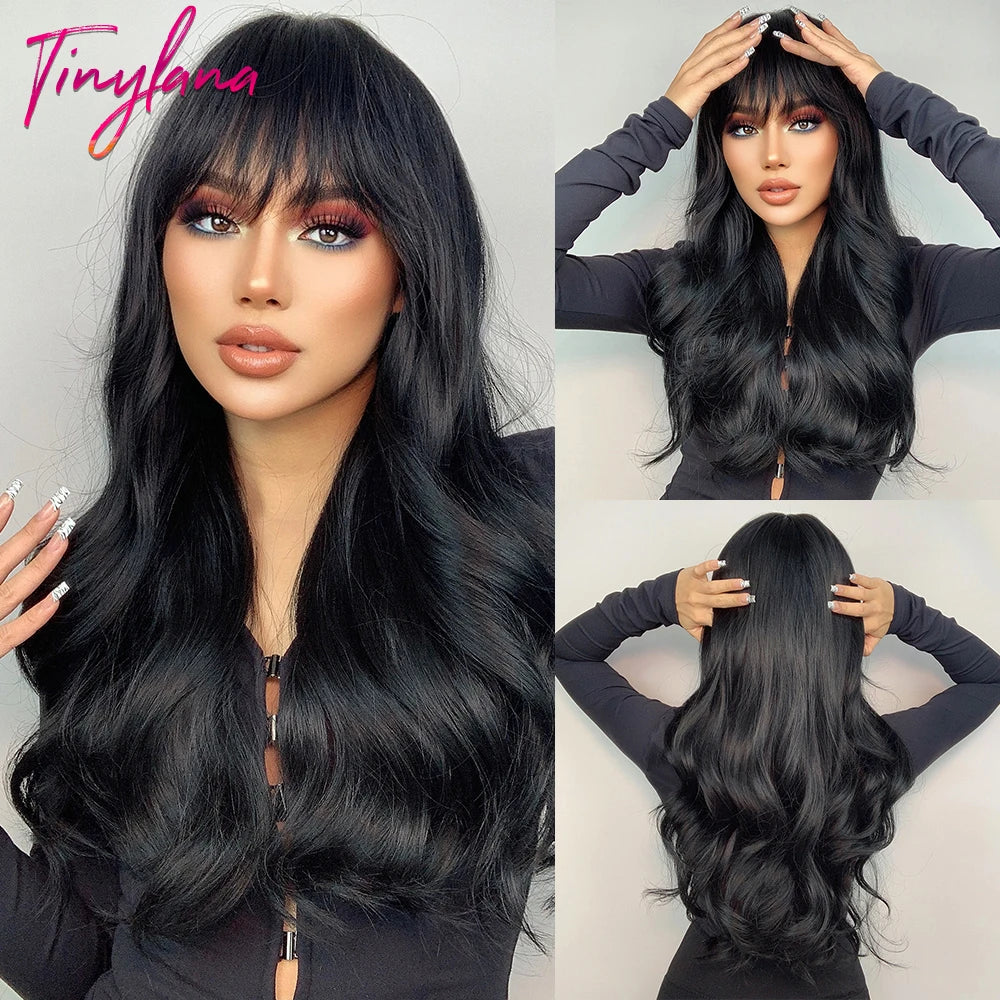 Super Long Black Wavy Synthetic Wigs Bangs Afro Dark Water Wave Halloween
