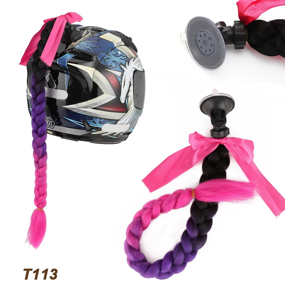 Synthetic Helmet Pigtails Gradient Ramp Braids Ponytail Hair Suction Cup Bowknot Motor