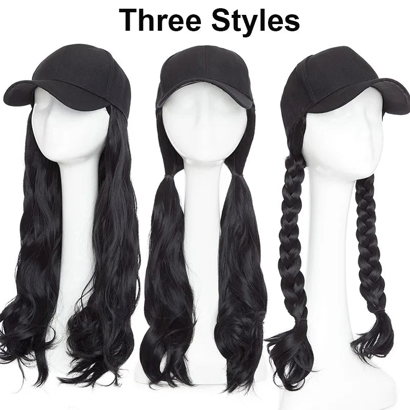 20Inch Synthetic Long Curly Hat Wig Baseball Cap Black Brown Hairpiece Adjustable Hat Wigs