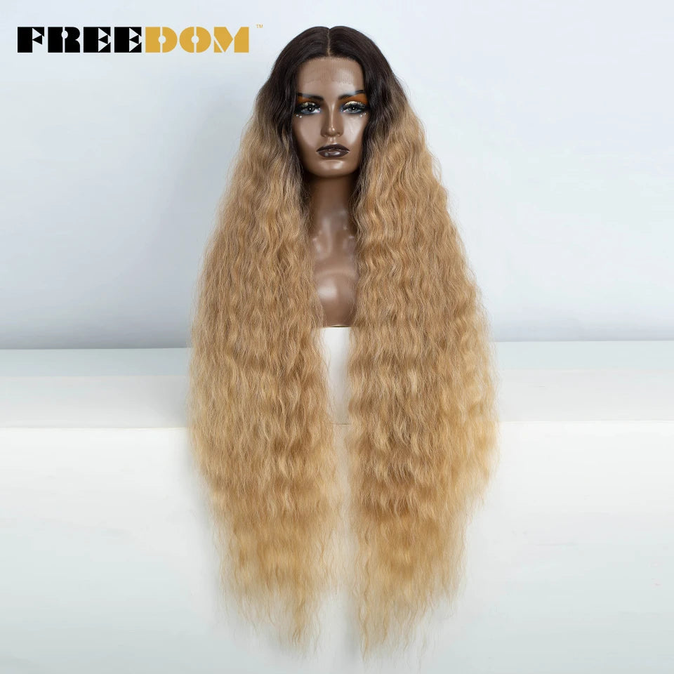 Synthetic Lace Frontal Wig Long Curly Ombre Brown Highlight Ginger White Pink