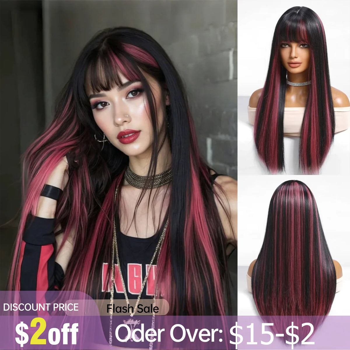 Black Highlight Pink Synthetic Wig Bangs Long Straight Red Cosplay Party Christmas