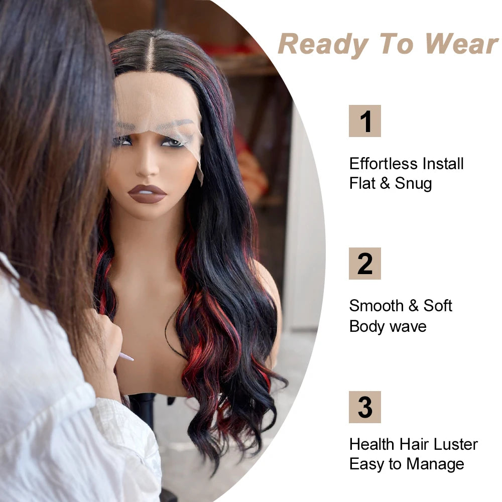 1B/99J Body Wave, 13x4 HD Lace Front Highlight Wig Synthetic Density Ombre