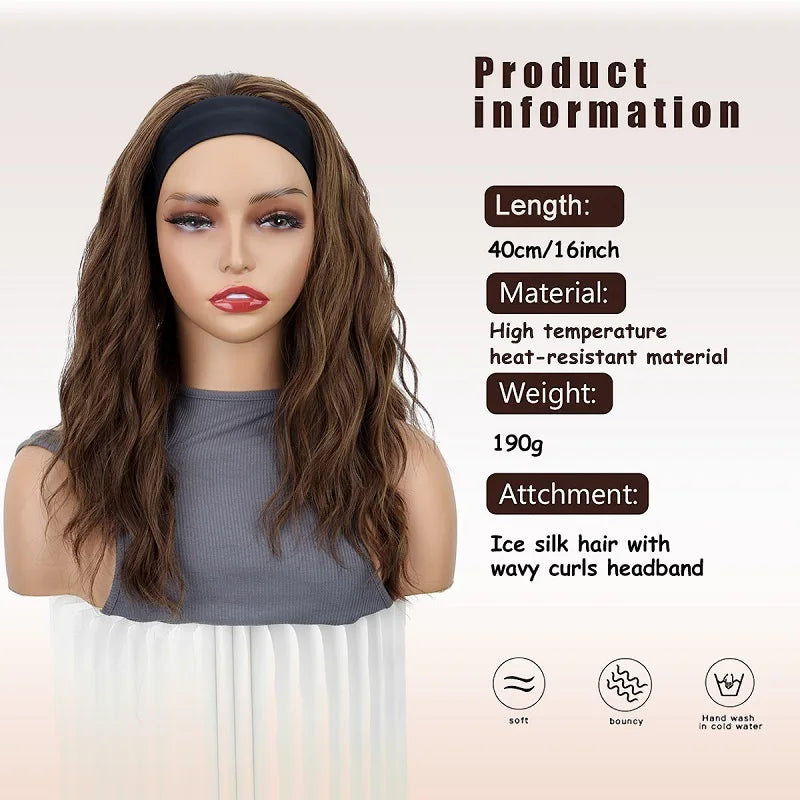 Headband Synthetic Wigs Short Curly Brown Highlight Golden Headband Wigs Daily Cosplay Heat Resistant