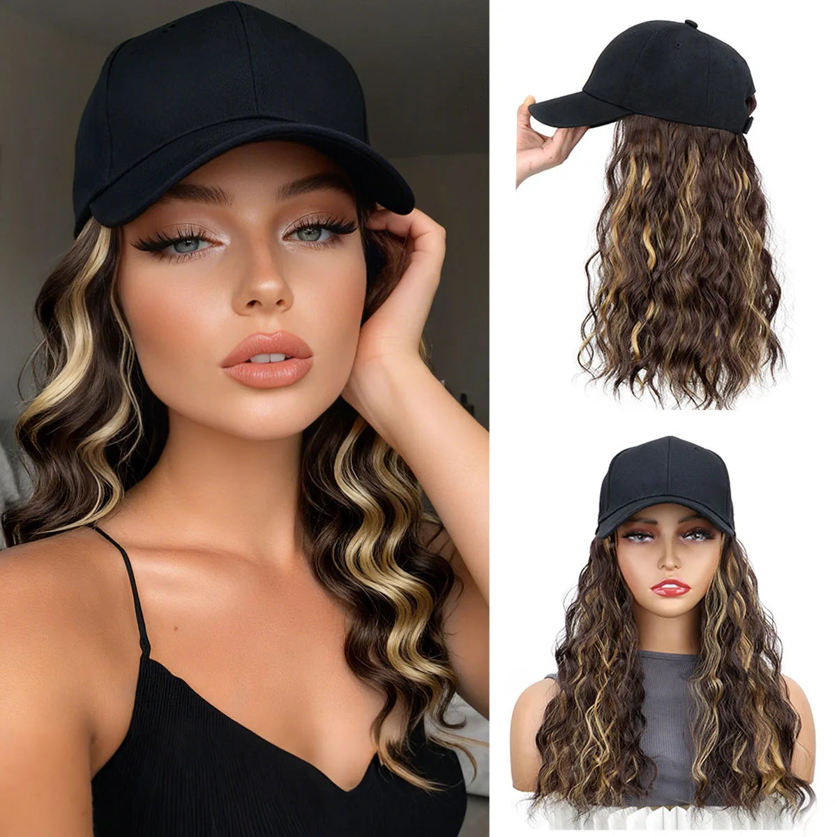 Synthetic Baseball Cap Wig Natural Wave Hair Extensions Hat Heat Resistant Black