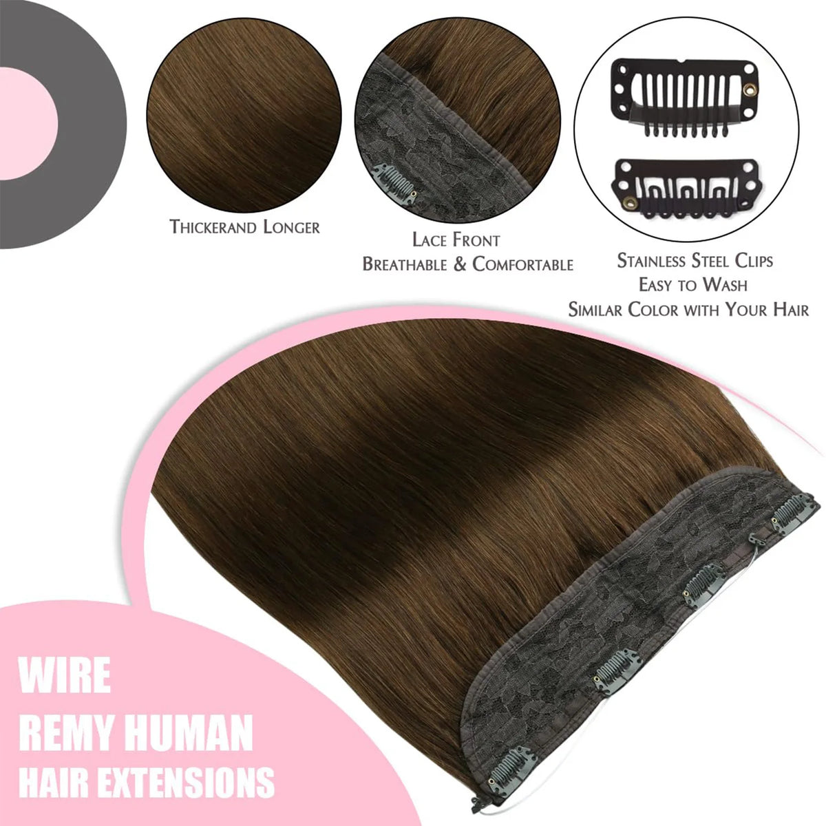 Invisible Halo Hair Extensions Real Human Hair Fish Wire Adjustable Band Secret Clip-in Extension Chocolate Brown