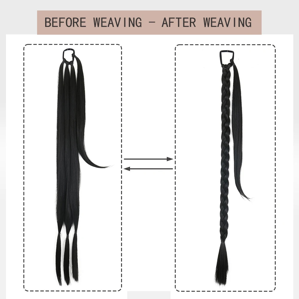 Synthetic Braided Ponytail Extensions Black Natural Hairpiece Long Pony Tail Hair Tie