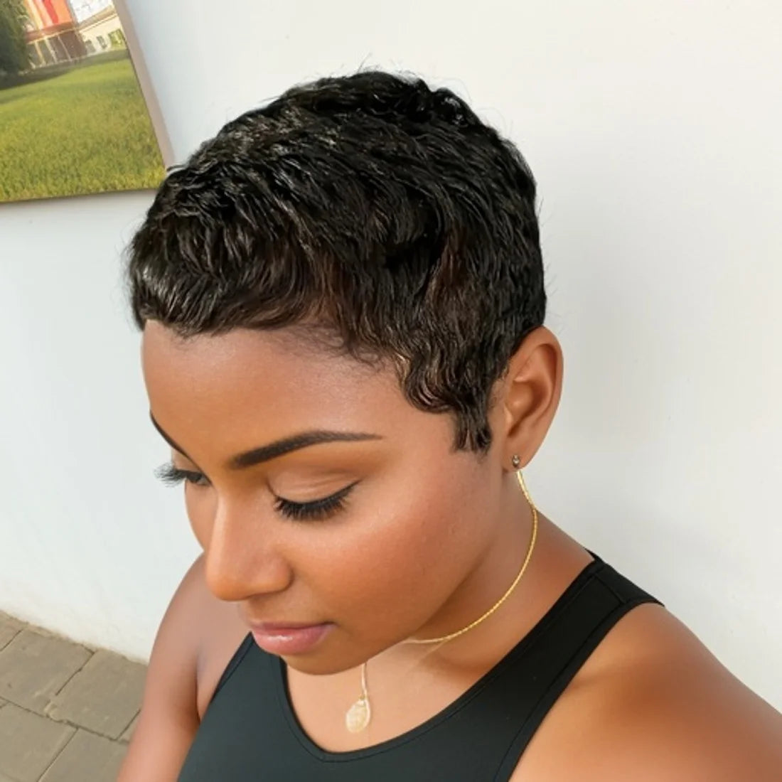 Short Human Hair Wigs Bangs Pixie Full Machine Natural Black Burgundy Brow