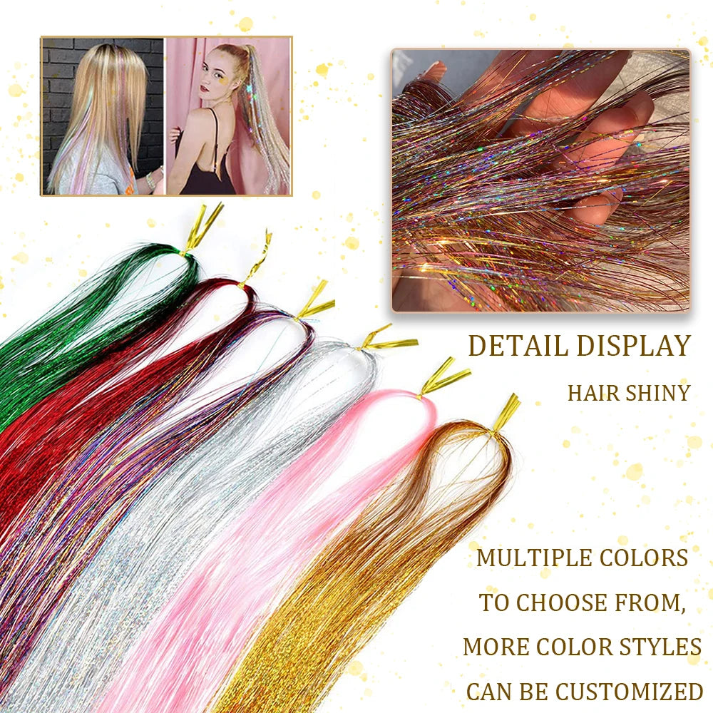 Shiny Sparkle Hair Tinsel Kit Rainbow Colorful Glitter Bling Extension Twinkle Dazzles