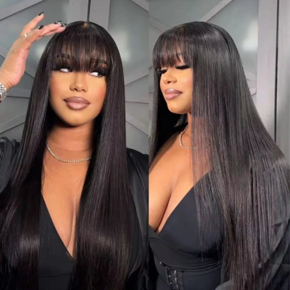 Natural Black Bone Straight Human Hair Wig Bangs 30Inch Glueless Brazilian, 3x1